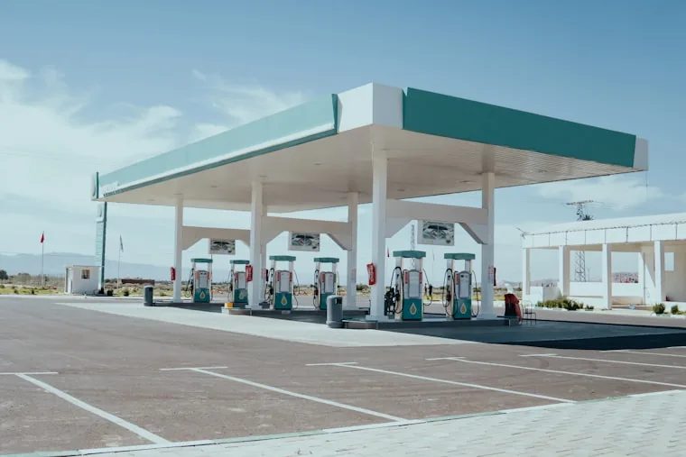 Fuel station forecourt with pump islands