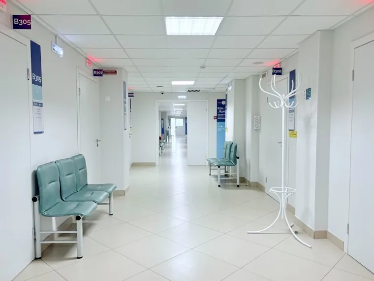 Bright, clean modern healthcare facility corridor