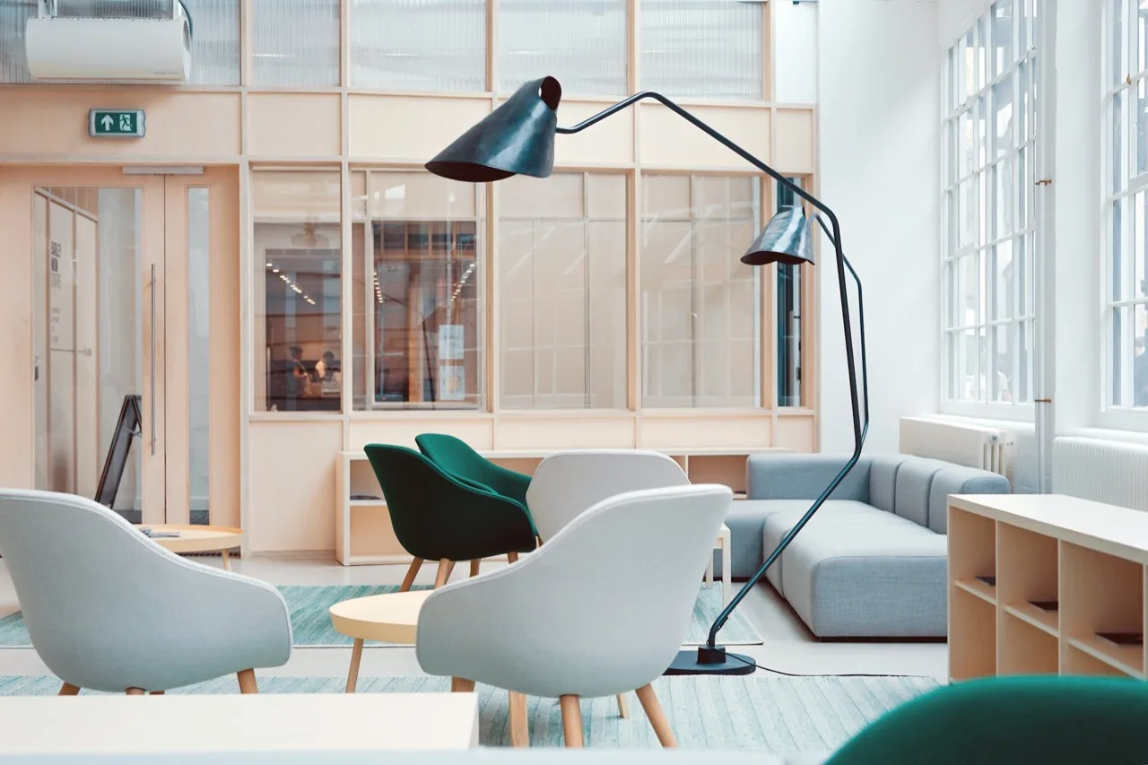 Bright, freshly cleaned modern commercial lounge with natural light